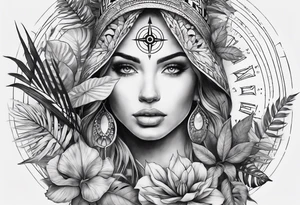 sleeve tattoo with compass and all-seeing eye and jungle plants tattoo idea