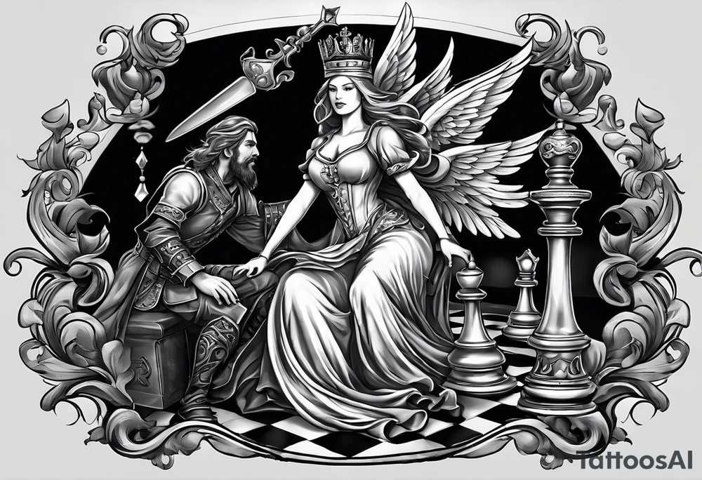 Capture the intense moment of checkmate in the game, with the angelic queen delivering the final move, signaling the triumph of good over evil in this strategic battle. tattoo idea