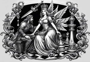 Capture the intense moment of checkmate in the game, with the angelic queen delivering the final move, signaling the triumph of good over evil in this strategic battle. tattoo idea