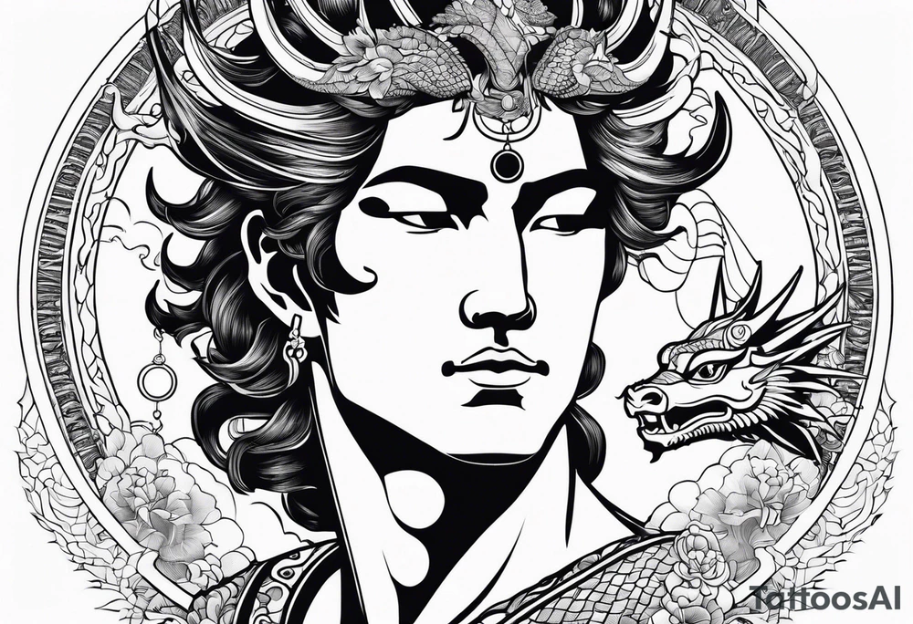 SUN GOD APOLLO IN JAPAN SETTING WITH DRAGON tattoo idea