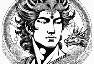 SUN GOD APOLLO IN JAPAN SETTING WITH DRAGON tattoo idea