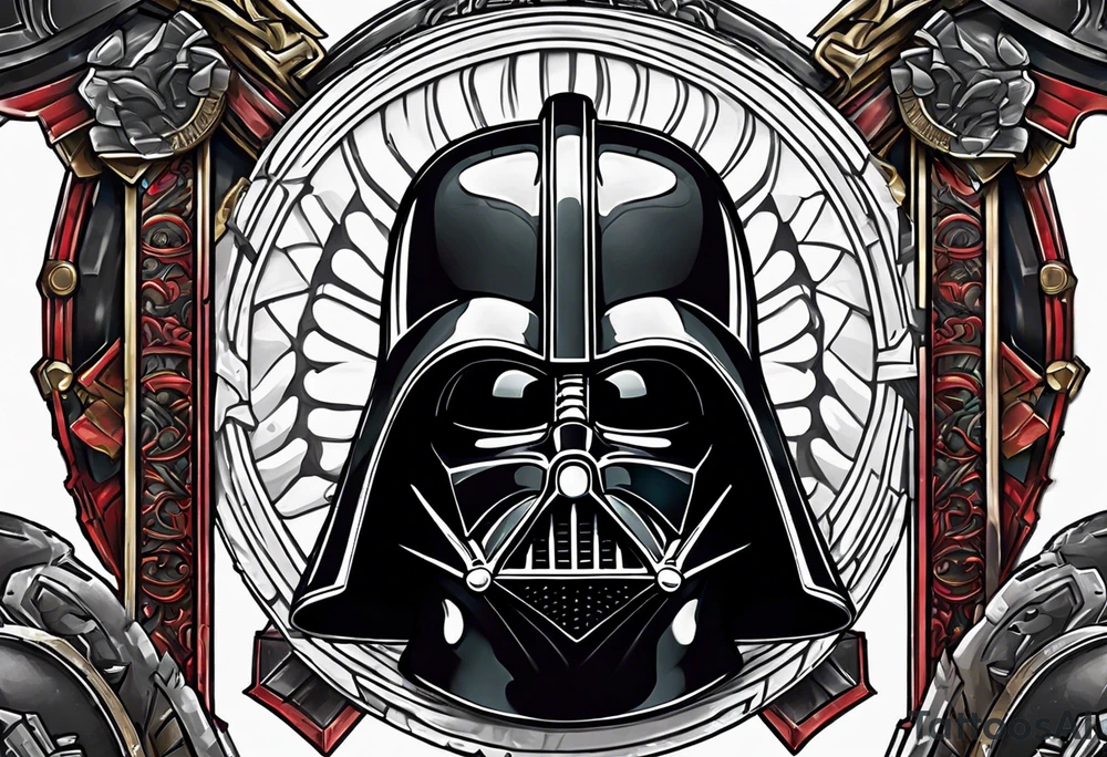 Half Darth Vader helmet half skull in Roman gladiator style tattoo idea