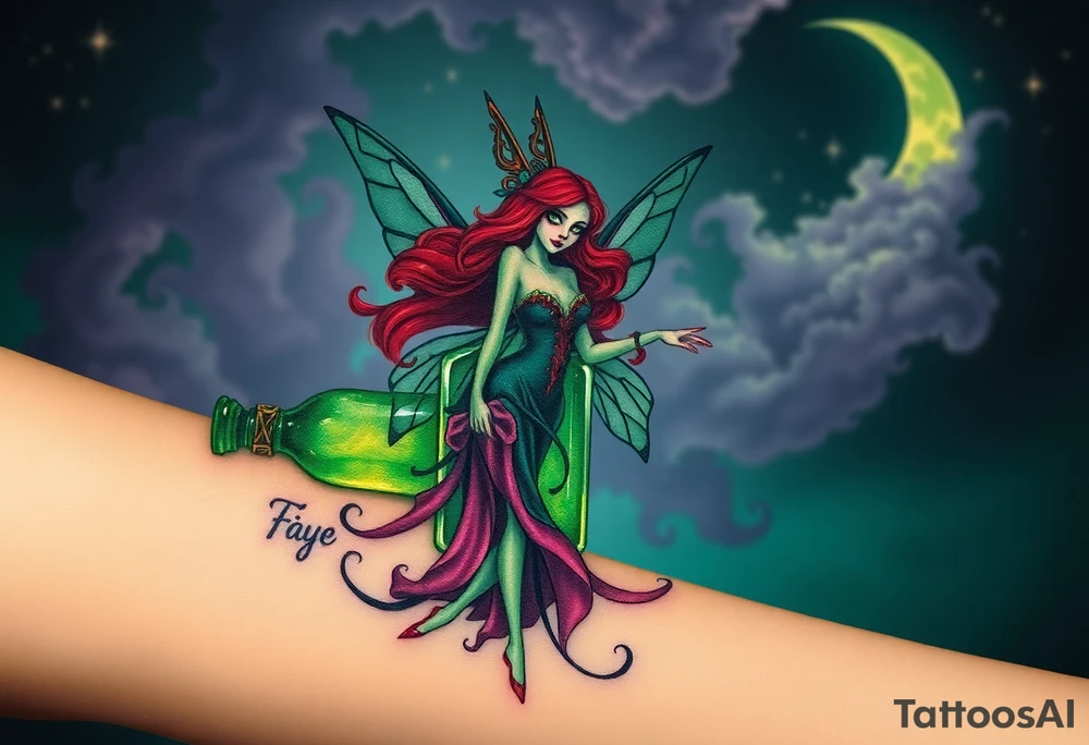 Tim Burton’s kelly doty pin up style Vintage Parisian elegant and hauntingly beautiful yet eerie full body absinthe Green Fairy dances outside her victorian crystal decatur she was once inside this elaborate ornate bottle absinthe bottle Absinthe Art Nouveau   and dripping with muted reds, dusty pinks, and eerie green glow.purple and cyan smokey clouds swirl in the crescent moonlit sky thats sprinkled with stars tattoo idea