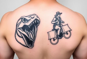 A snake with alien eyes full mouth of teeth and a guy with a saddle riding tattoo idea