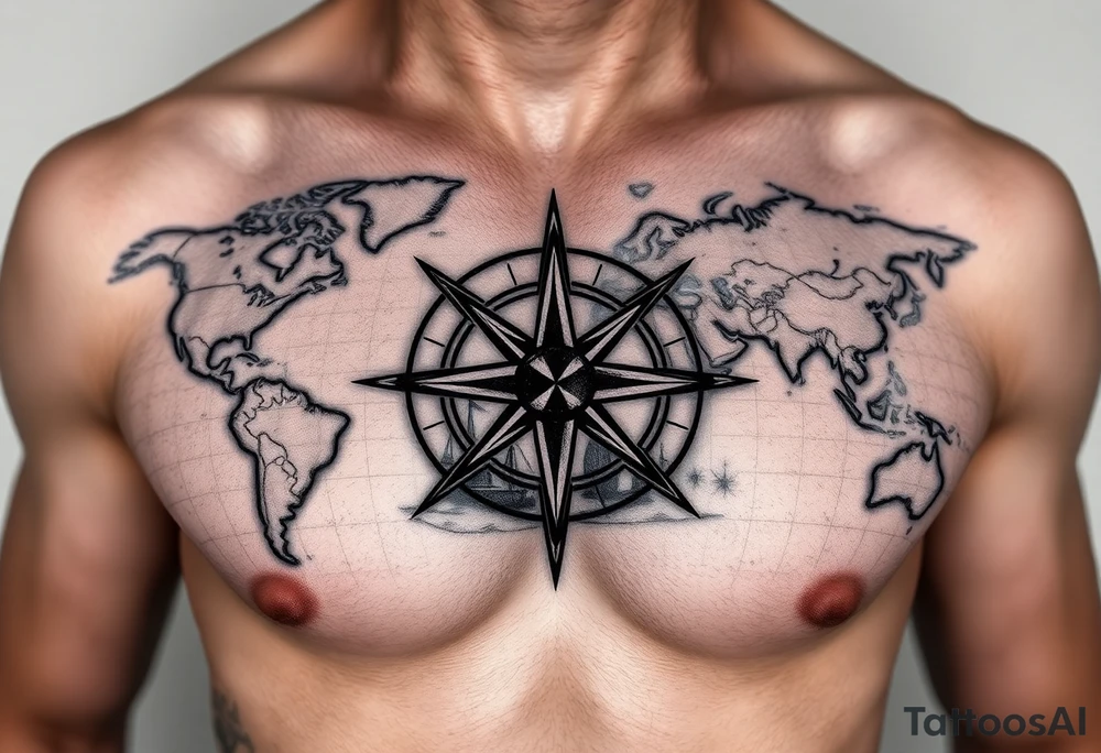 antique compass rose overlaid on weathered world map with sailing ships tattoo idea