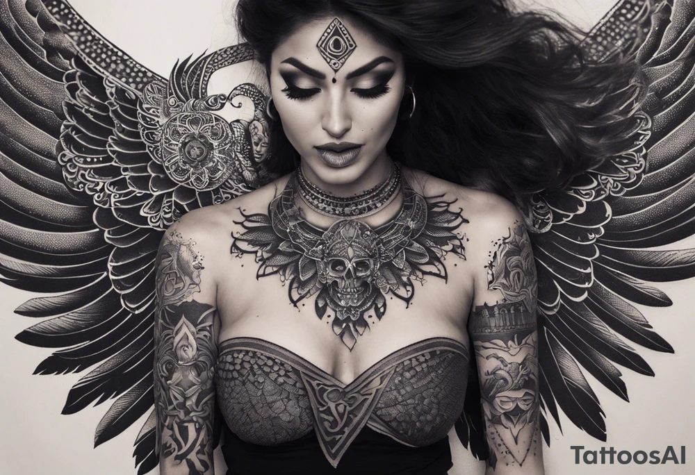 black kali, goddess pirate, alien, angel, pachamama, valkrye, warrior, flying, skull, lotus azul, wing, eagle, zenza resonance, stars, 5D, anahata chakra, death, durga, riding on a tiger, flying lady, chest tatoo tattoo idea