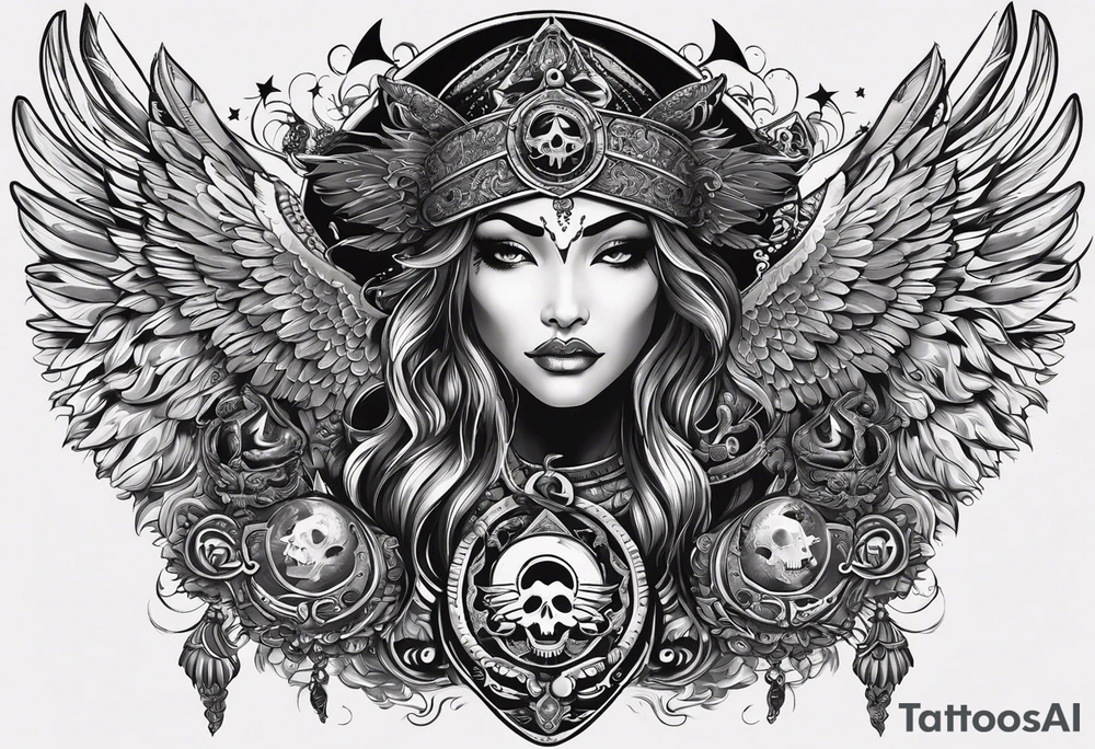 black kali, goddess pirate, alien, angel, pachamama, valkrye, warrior, flying, skull, lotus azul, wing, eagle, zenza resonance, stars, 5D, anahata chakra, death, durga, riding on a tiger, flying lady tattoo idea