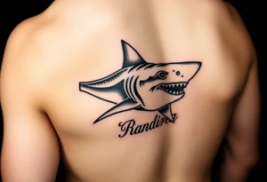 tribal hammer head shark with Rangiroa text on the back tattoo idea