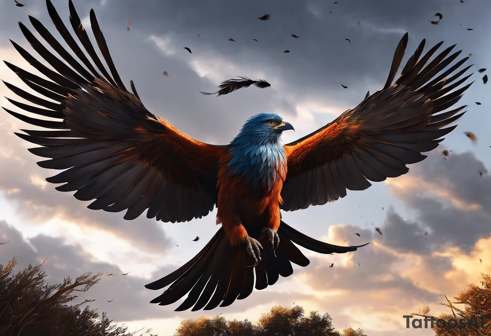 The tatto starts up in the left arm, at elbow height, where there are feathers moving under the action of the wind. The feathers interact with tree branches that advance towards the left hand. A little higher, close to the shoulder, lightning and thunder begin to appear, interacting with the feathers and branches. The feathers converge into a vortex of energy from which an owl's head is revealed, which is on the left chest. The branches go to the back, where they converge into a solid and psychedelic element that brings together different elements related to the energy of the creation of life: womb, rebirth, spirals, torus, sun and representations of the earth, including a house that can be clearly seen being built of earth. tattoo idea