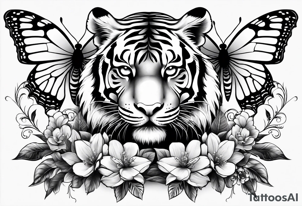tiger, 3 butterflies, flowers for ladies thigh / hip tattoo idea
