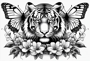 tiger, 3 butterflies, flowers for ladies thigh / hip tattoo idea