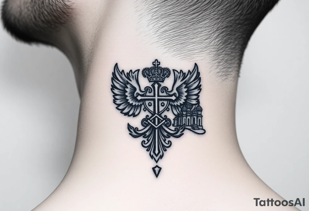 russian coat arms in a russian christian orthodox cross with the cross in the middle with a virgin mary & orthodox dome church on the side of the neck in a wilderness setting tattoo idea