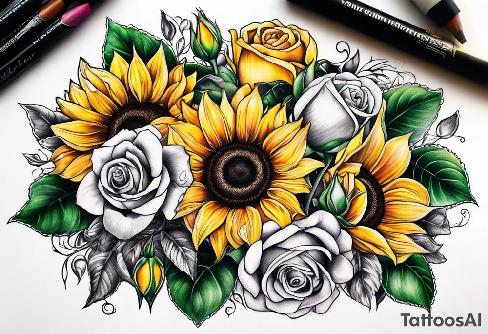 sunflower rose sweet pea bouquet tattoo idea