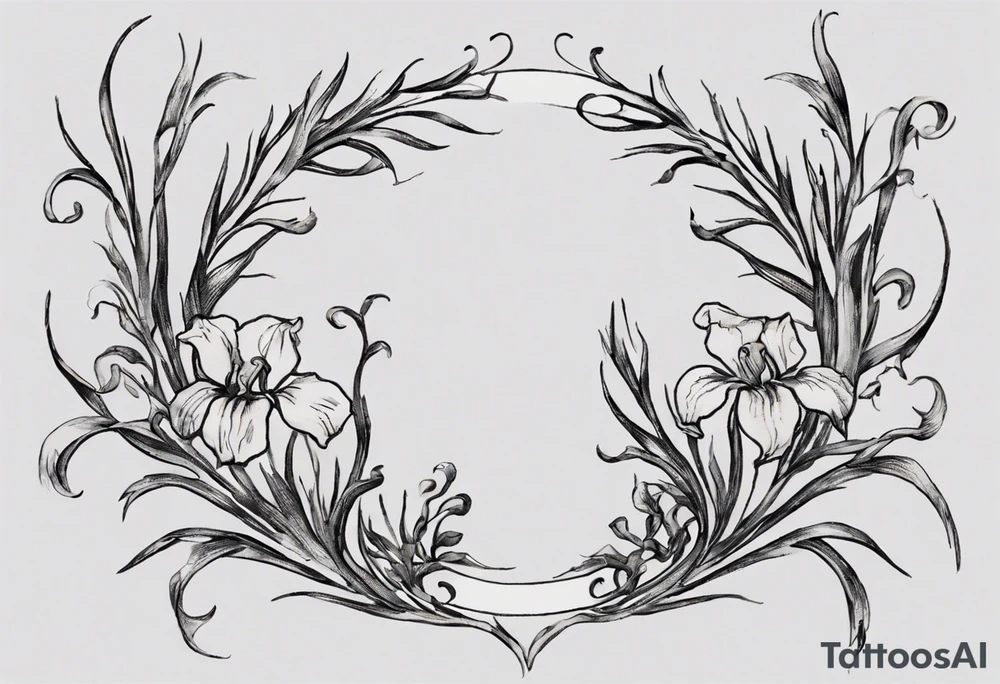 Create a small Vincent van Gogh Irises tattoo. The tattoo should take the form of a crescent, with vines gracefully intertwining at a central point in the middle of the wreath with a bird. The intended placement is on the upper chest. The overall design should be small in size while maintaining a delicate and artistic aesthetic. Pay attention to the graceful flow of the vines and the placement of the irises to achieve a refined and elegant look. tattoo idea