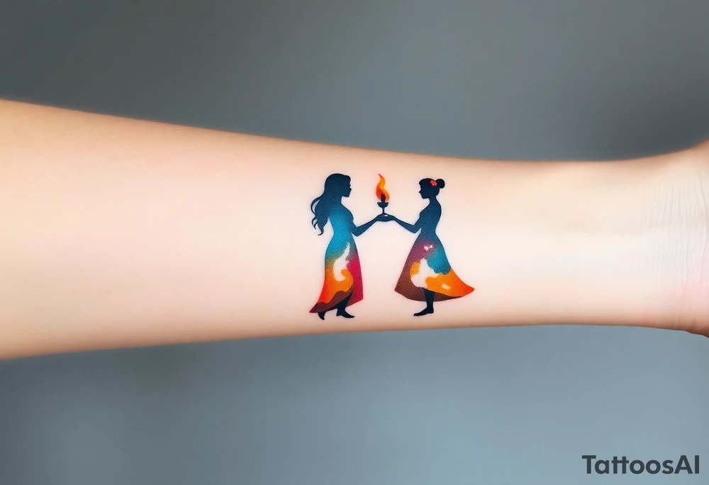 Silhouette of grandmother, mother and daughter passing a flame from oldest to youngest with the flame growing as it goes. tattoo idea