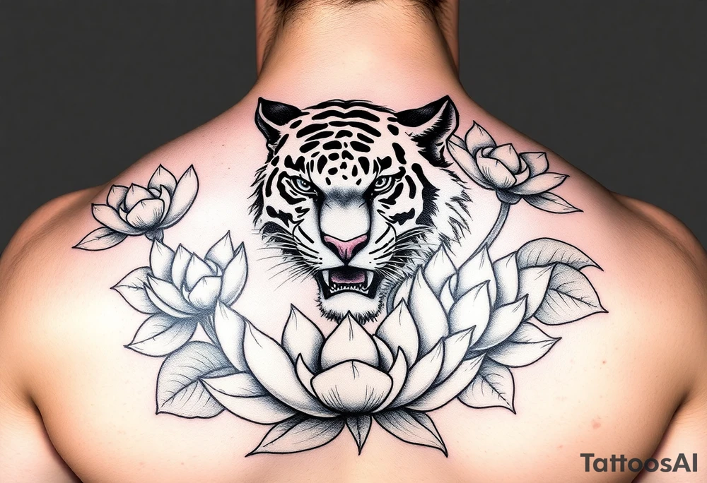fierce tiger emerging through blooming lotus flowers in mist tattoo idea