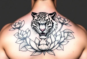 fierce tiger emerging through blooming lotus flowers in mist tattoo idea