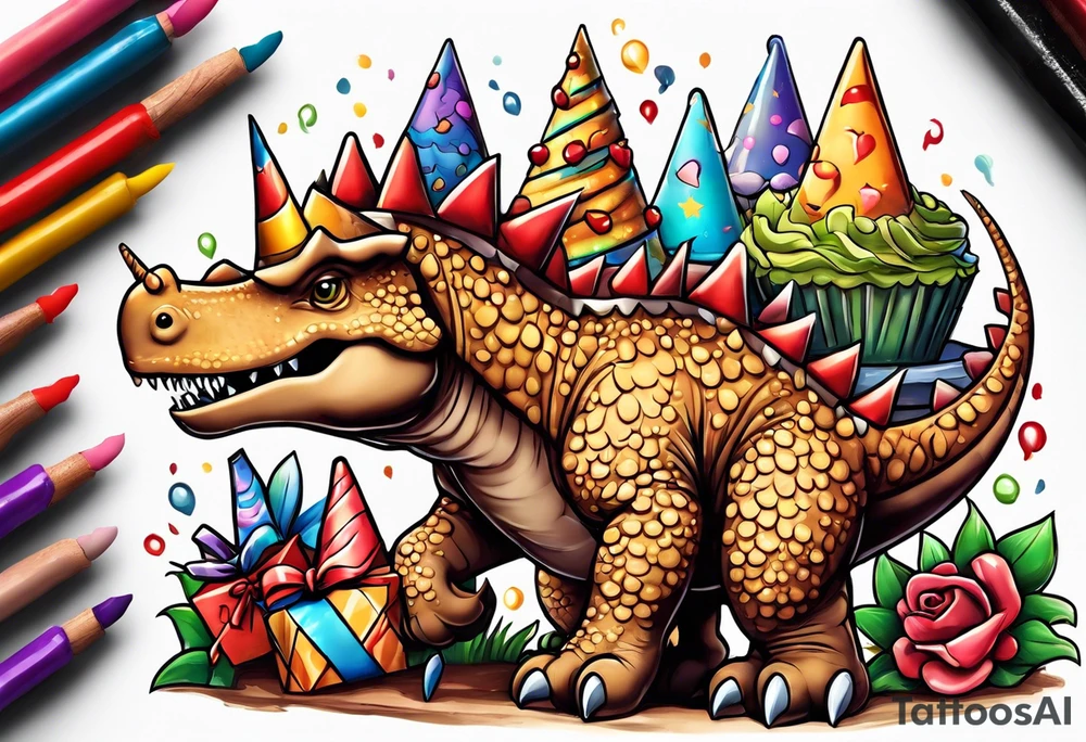 Stegosaurs with a birthday cone hat, eating a piece of cake tattoo idea