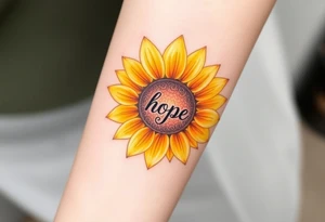 A radiant sunflower with golden-yellow petals, its center detailed with intricate spirals and word "hope", symbolizing resilience and joy tattoo idea