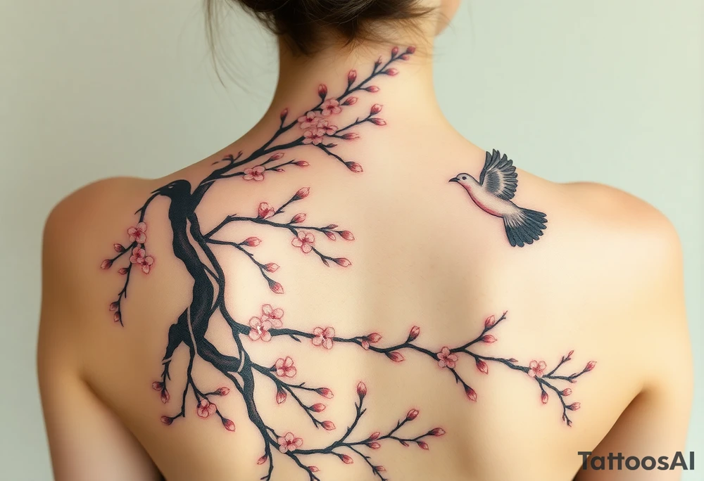 A big weeping, cherry blossom tree on the entire back, there are 2 doves. 1 is a flying into the sky. The second one is hovering above the ground that’s turning black like she stained with grief. Goth romance 
These are the dates I want dainty in the heavily overflow of weeping cherry blossom branches and leaves March 31, 2024 – July 2, 2024 tattoo idea