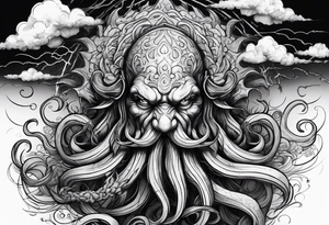 Cthulhu face surrounded by storm clouds with white lightning, tentacles and clouds wrapping around forearm tattoo idea