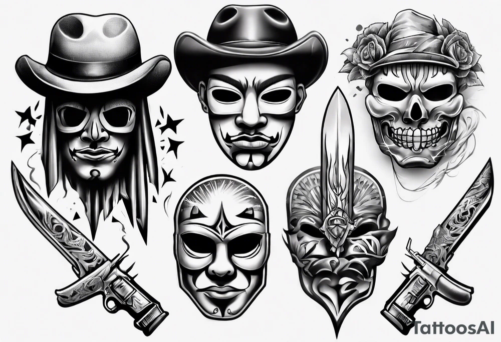 realistic chicano
masks weapons and gangsters tattoo idea
