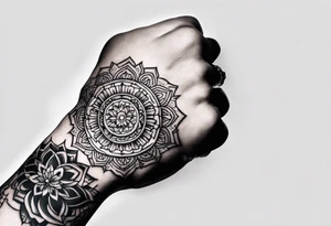 A clenched fist, the hand contains five fingers as specified, the tattoo is a back tattoo using negative space drawing techniques tattoo idea