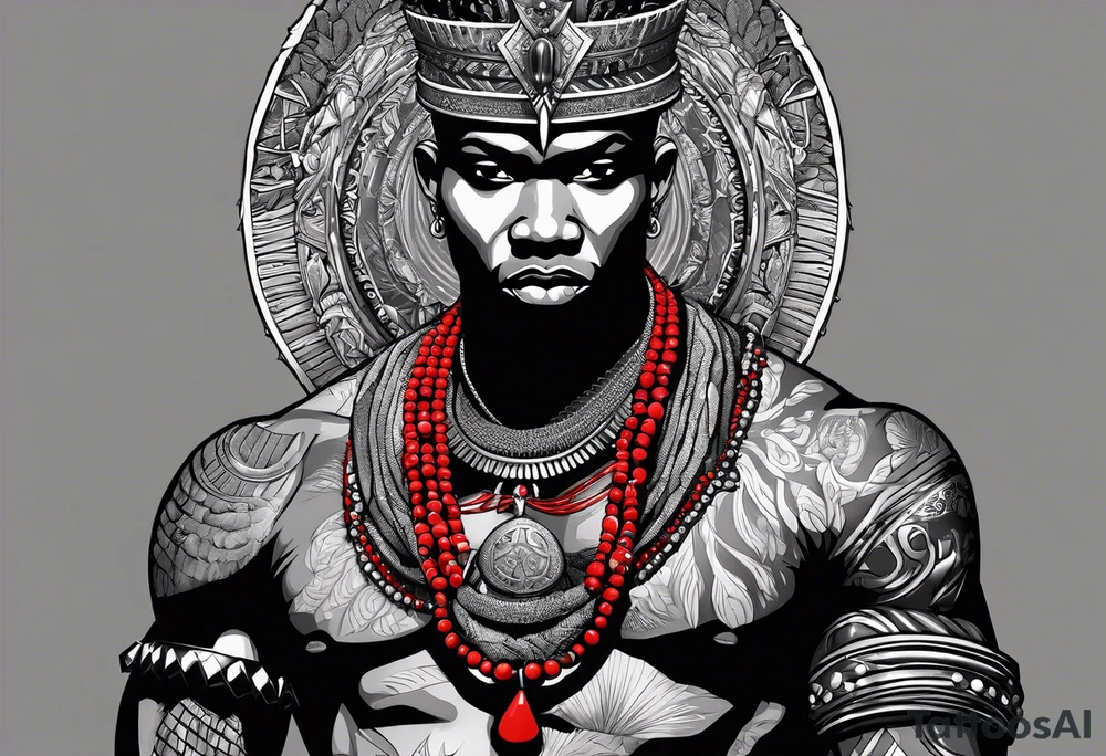 Black-skinned bald african warrior. He is a god of the war. Wears a simple red necklace and a silver crown tattoo idea