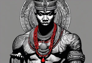 Black-skinned bald african warrior. He is a god of the war. Wears a simple red necklace and a silver crown tattoo idea