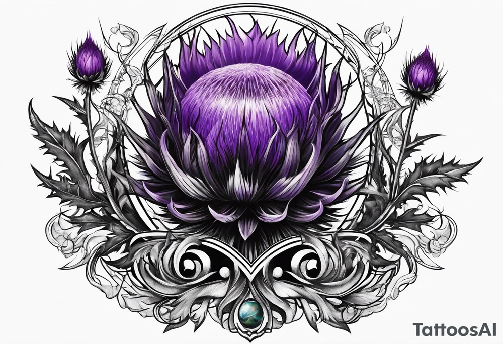 Single purple thistle with Neptune planet in the background tattoo idea