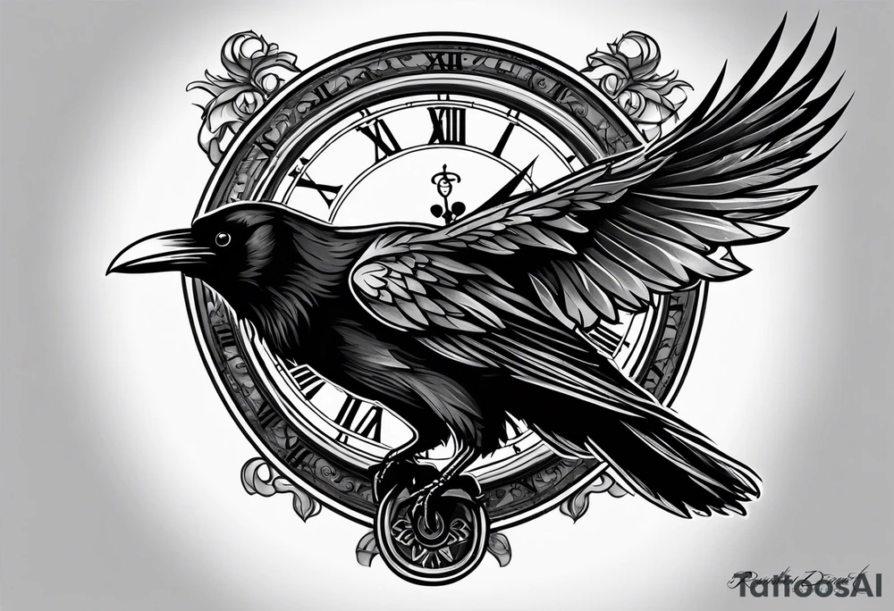 raven perched on clock tattoo idea