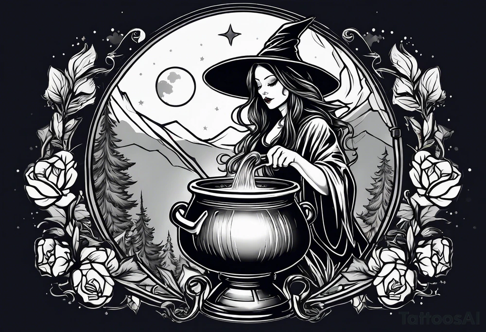 Witch stirring a cauldron under a full moon tattoo idea