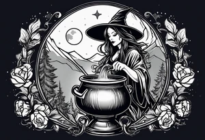 Witch stirring a cauldron under a full moon tattoo idea