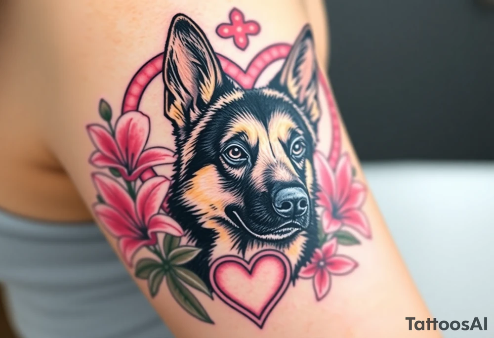 strong looking short haired german shepherd with alert ears surrounded by pink lilies with large leaves in front of a sacred heart tattoo idea
