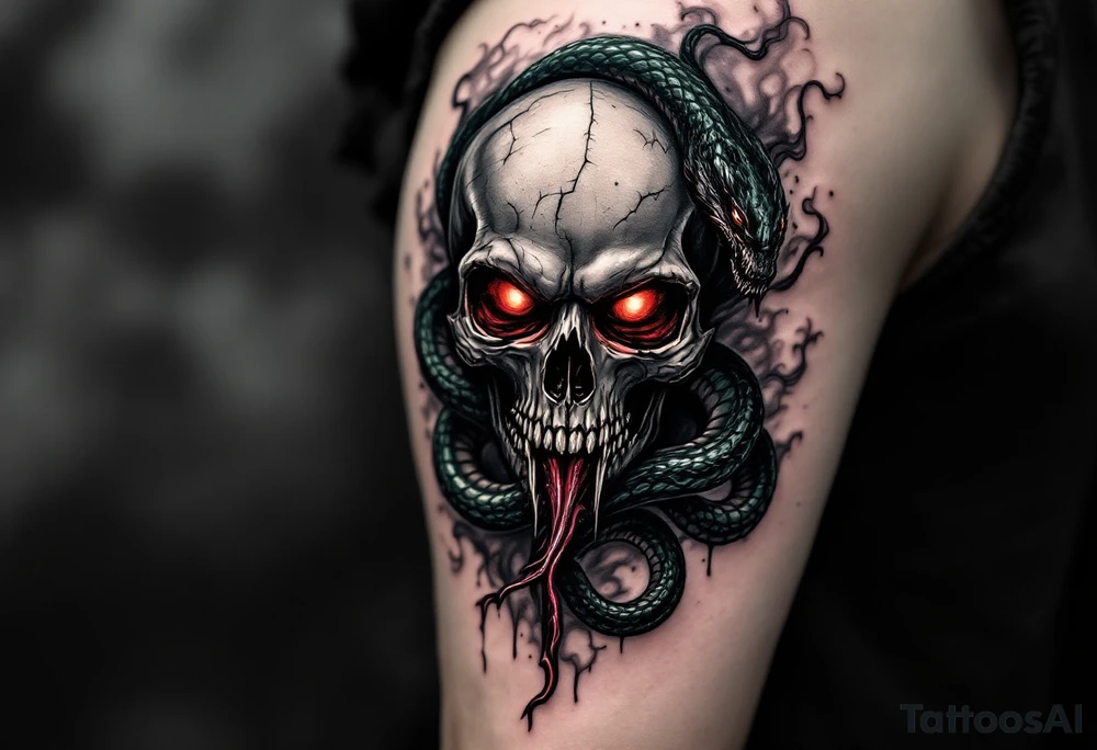 The Dark Mark, with the snake wrapped around the skull, stands out against a smoky, shadowy background. The skull has glowing red eyes, and the serpent’s tongue is dripping with dark, inky venom. Black and grey with hints of deep crimson for the eyes and serpent’s venom. Subtle touches of green and purple for the smoke. tattoo idea