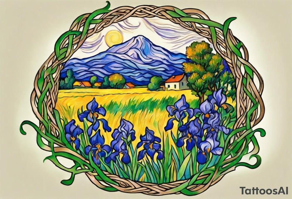 Create a colorful Vincent van Gogh's Irises tattoo, with vines in Celtic knots gracefully holding mountains in a wreath. The intended placement is on the upper chest. The overall design should be small in size while maintaining a delicate and artistic aesthetic. Pay attention to the graceful flow of the vines and the placement of the irises to achieve a refined and elegant look. tattoo idea