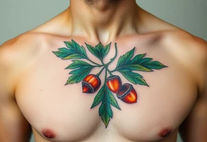 on the chest an oak branch with thick leaves and acorns oak branch with thick leaves and acorns tattoo idea