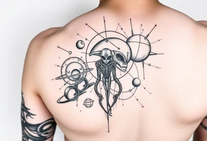 Lower arm sleeve, outer space, planets, geometry, string theory, alien on fore arm tattoo idea