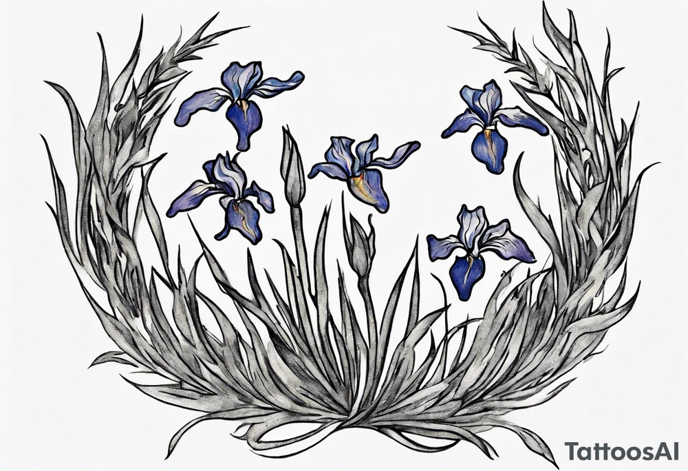 Create a small Vincent van Gogh Irises tattoo. The tattoo should take the form of a crescent, with vines gracefully intertwining at a central point in the middle of the wreath with a bird. Ensure that the design avoids the appearance of a bush and maintains a more structured and deliberate arrangement. The intended placement is on the upper chest. The overall design should be small in size while maintaining a delicate and artistic aesthetic. Pay attention to the graceful flow of the vines and the placement of the irises to achieve a refined and elegant look. tattoo idea