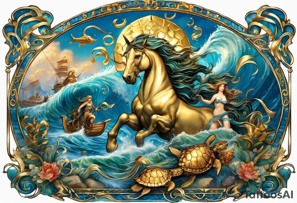 the tatto will be large in the middle there are sea horses guiding neptunes chariot they are the mythical beast castor and phalox, on the upper right is a blue nose and a rock sourrounded by water, on the upper left is a turtle with a golden shell and on the bottom is a ribbon with a sparrow on each side holding it up tattoo idea