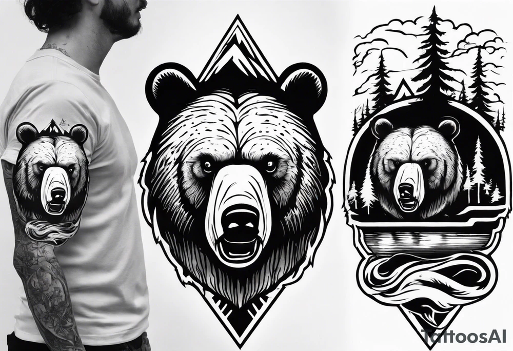 bear head right above the forest line with a lake below, full arm sleeve tattoo tattoo idea