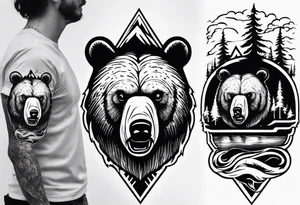 bear head right above the forest line with a lake below, full arm sleeve tattoo tattoo idea