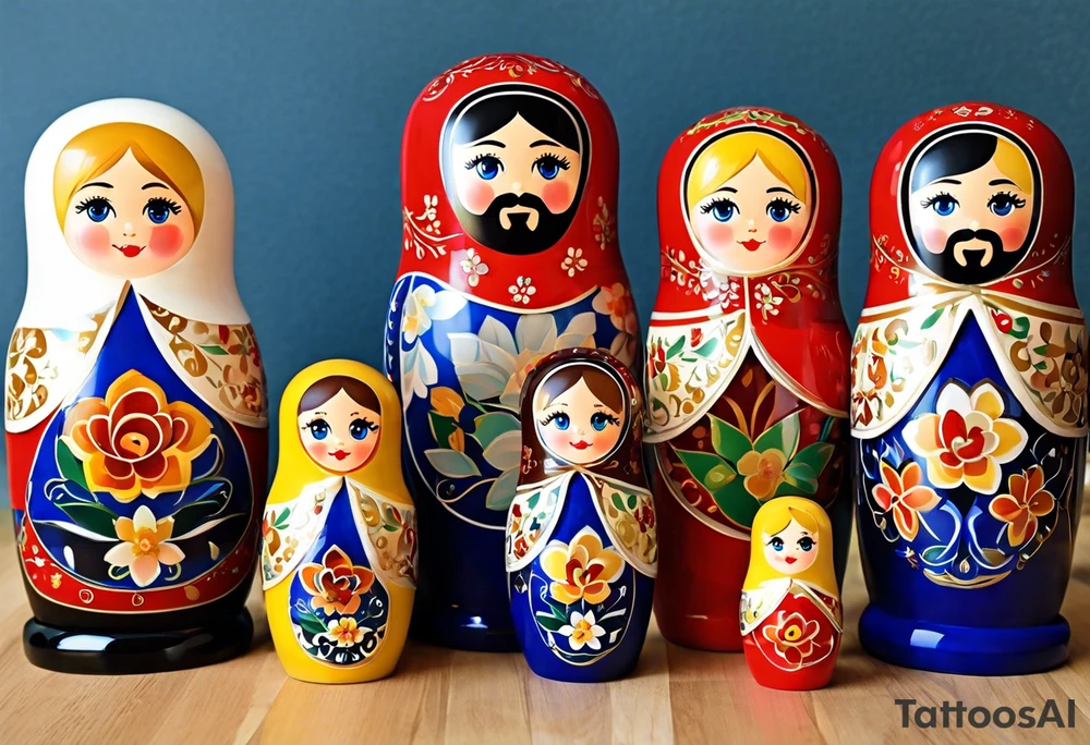 A set of 4 Matryoshka dolls, family of 4. Each separate doll is designed based on their individual description. Father (biggest doll) has full beard, blue eyes, short brown hair, loves LA Dodgers. Mother (second biggest doll) has blonde bob length hair, no beard, blue eyes, thick rimmed black glasses, loves leopard print. Son is 4 years old, blue eyes, blonde spiky hair, loves Paw Patrol. Daughter is 2 years old, blue eyes, long eyelashes, short light brown bob, loves Bluey. tattoo idea