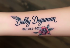 Tattoo of the exact name Debby Deguzman in chunky bold curly cursive with the exact dates of 08/17/61-05/29/25 surrounded by 1 hummingbird and 1 rose tattoo idea