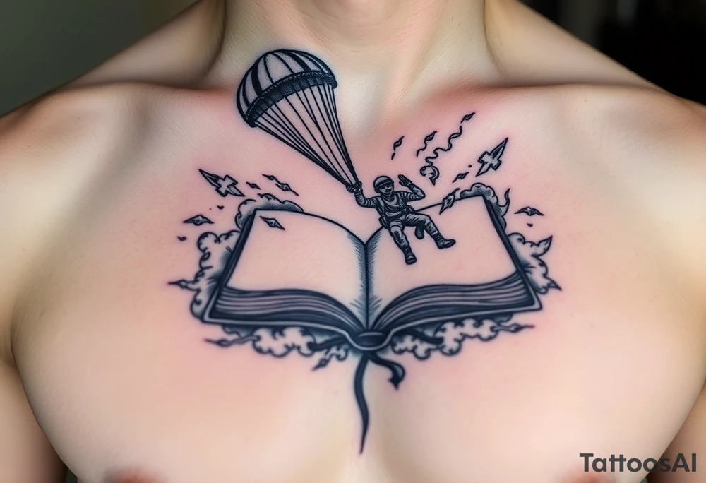 A parachuting soldier falling into an open book. Chaos surrounding, but the book is protecting the soldier from it. On the chest. Make the tattoo smaller. Make it thought provoking. Make the chaos in the environment be an eerie mist. Make the pages in the book be blank. Just one soldier, no other characters. the book is old. tattoo idea