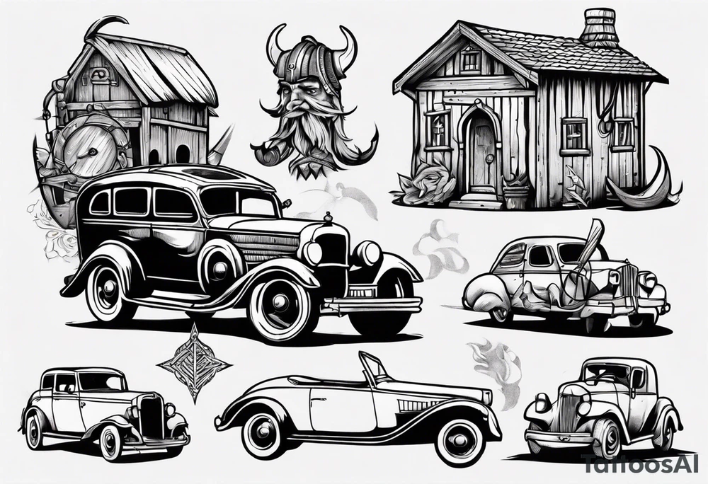 A Viking building an old vintage car tattoo idea