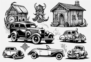 A Viking building an old vintage car tattoo idea