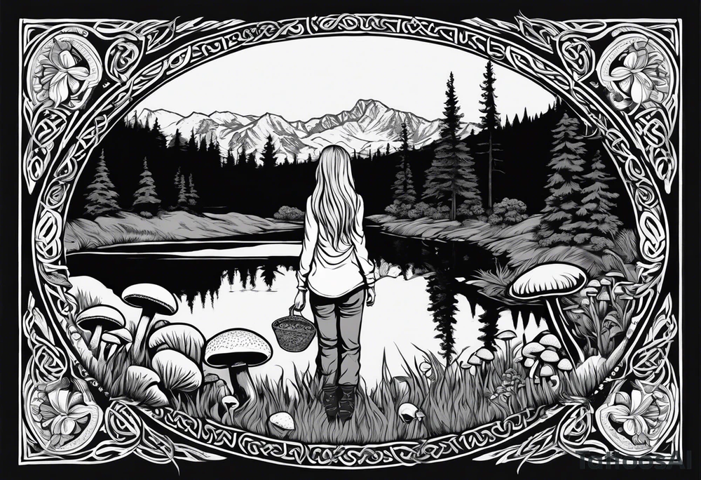 Whole picture encircled fully

Straight long blonde hair hippie girl in distance holding mushrooms in hand facing away toward mountains and creek surrounded by mushrooms long sleeve shirt and hiking pants; whole rendering within a full celtic circle border, no cut off circle tattoo idea