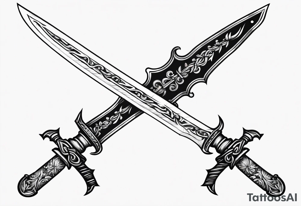 Two minimalist swords crossed on left hand tattoo idea