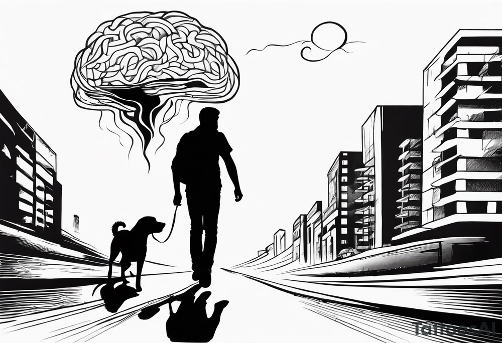 Human walking brain around like a dog while world is burning tattoo idea Human walking brain around like a dog while world is burning tattoo idea